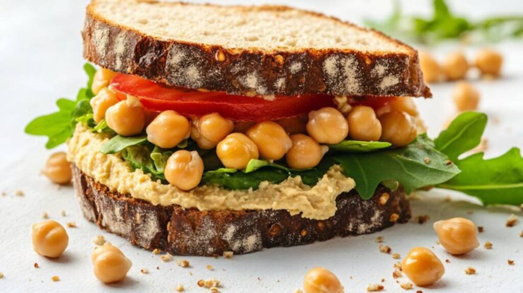 Close-up of a hearty sandwich with whole grain bread, hummus, greens, tomato slices, and chickpeas, scattered chickpeas around.