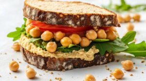 Close-up of a hearty sandwich with whole grain bread, hummus, greens, tomato slices, and chickpeas, scattered chickpeas around.