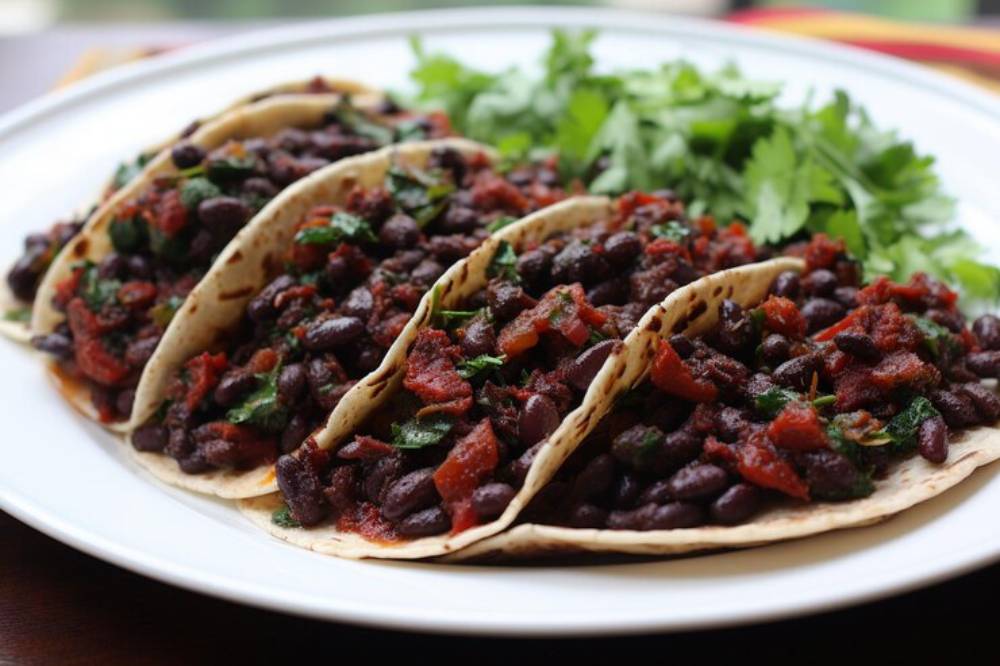 A plate of three tortillas filled with seasoned black beans, tomatoes, and cilantro, garnished with fresh cilantro.