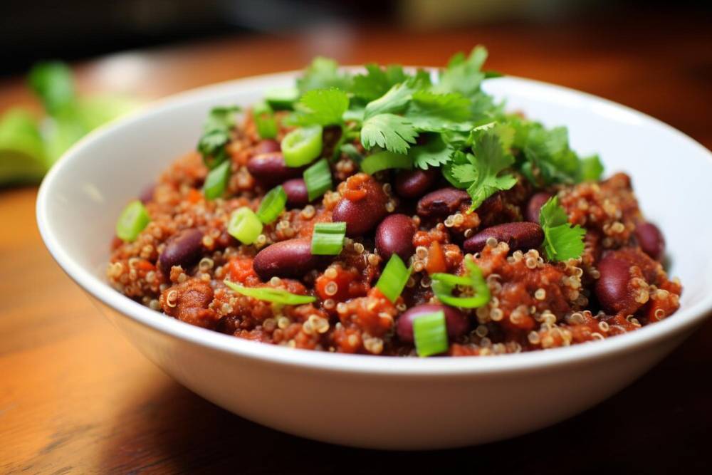 A bowl of quinoa mixed with kidney beans, tomatoes, and topped with fresh coriander and green onions on a wooden table.