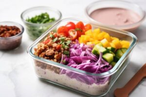 A vibrant salad in a glass container with purple cabbage, cucumber, mango, cherry tomatoes, walnuts, and a creamy dressing on the side.