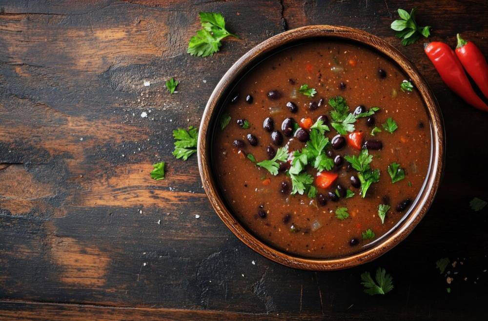 A wooden bowl of black bean soup garnished with fresh cilantro and diced tomatoes, alongside red chili peppers on a rustic table.