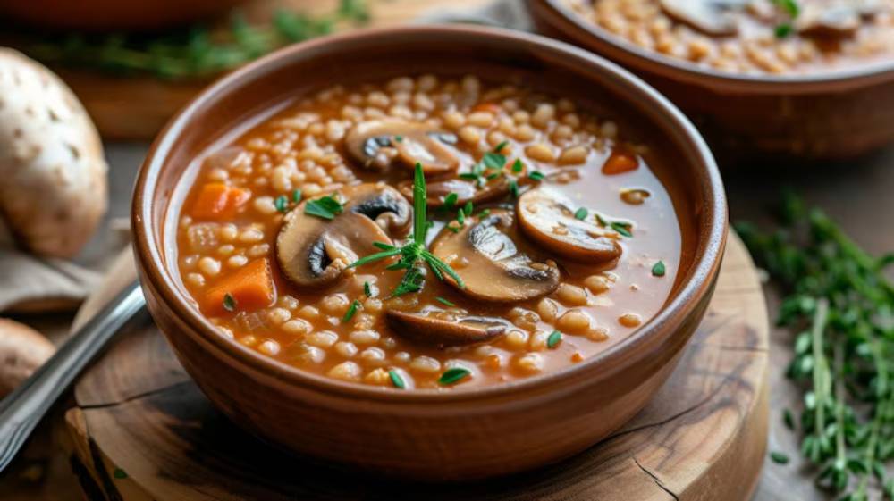 A wooden bowl of hearty barley and mushroom soup with vegetables, garnished with fresh herbs, sits on a rustic wooden surface.