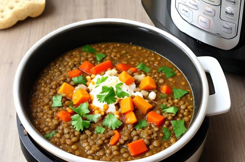 A bowl of lentil stew topped with diced vegetables, herbs, and a dollop of cream.