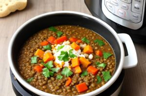 A bowl of lentil stew topped with diced vegetables, herbs, and a dollop of cream.