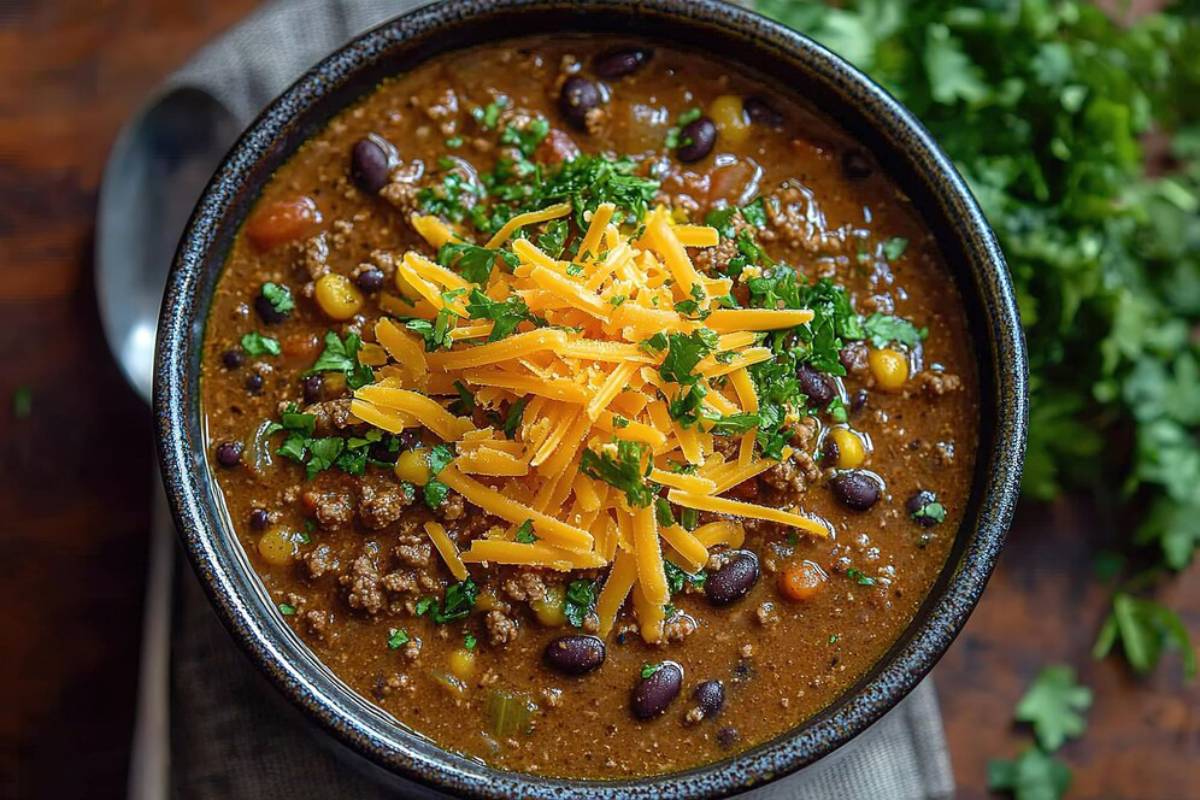 A bowl of hearty chili topped with shredded cheese and fresh cilantro, surrounded by a green herb backdrop.