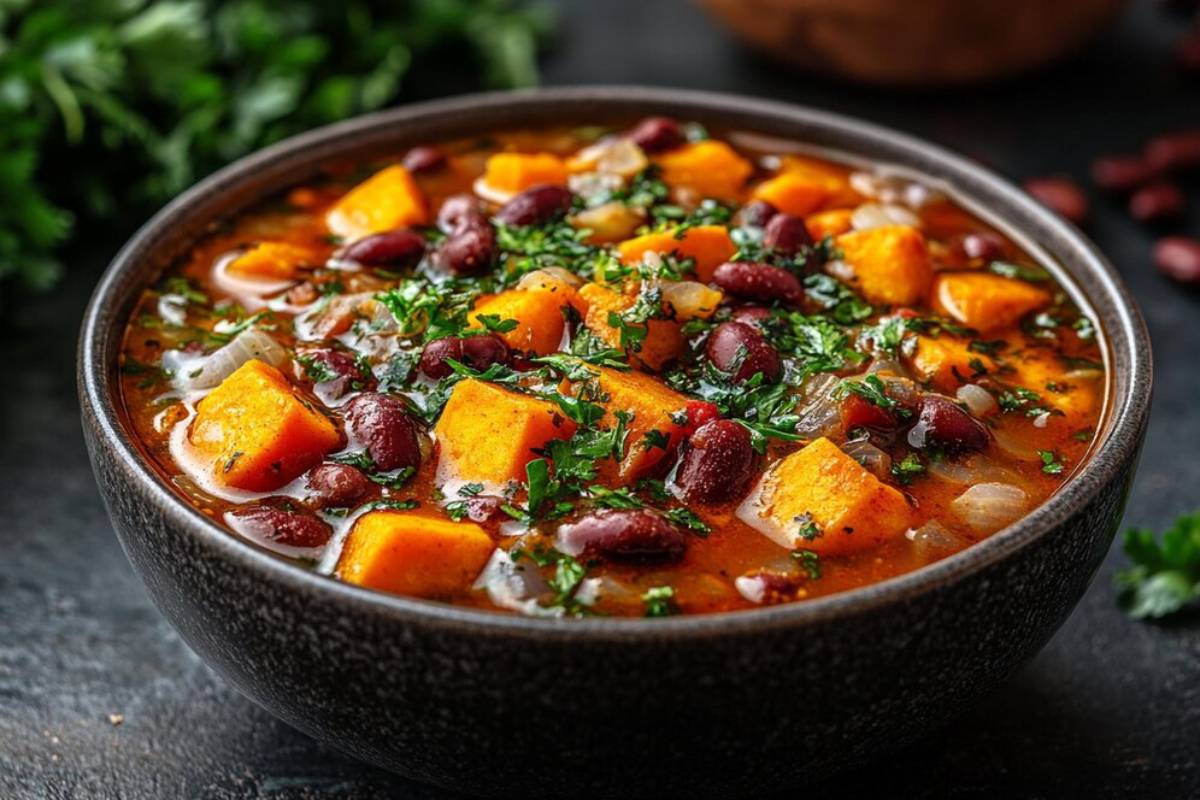 A close-up of a black bowl filled with hearty bean and sweet potato, garnished with fresh cilantro, against a dark background.