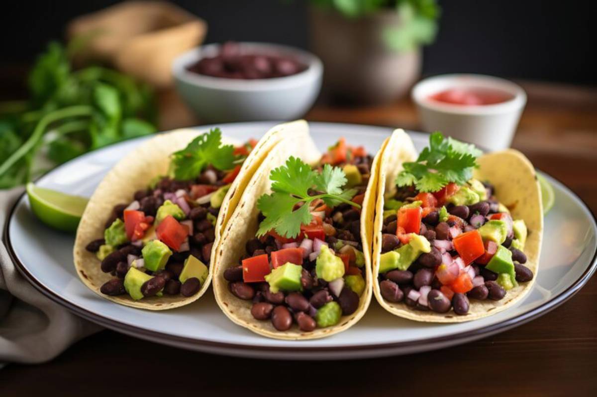 Three tacos filled with black beans, diced tomatoes, avocado, and cilantro, served on a plate with lime and bowls of toppings in the background.