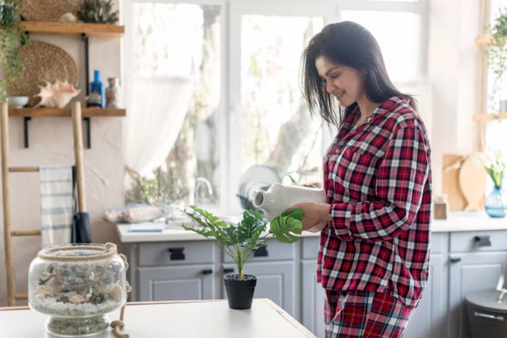A person in plaid pajamas waters a small potted plant in a bright, cozy kitchen with various home decor elements.
