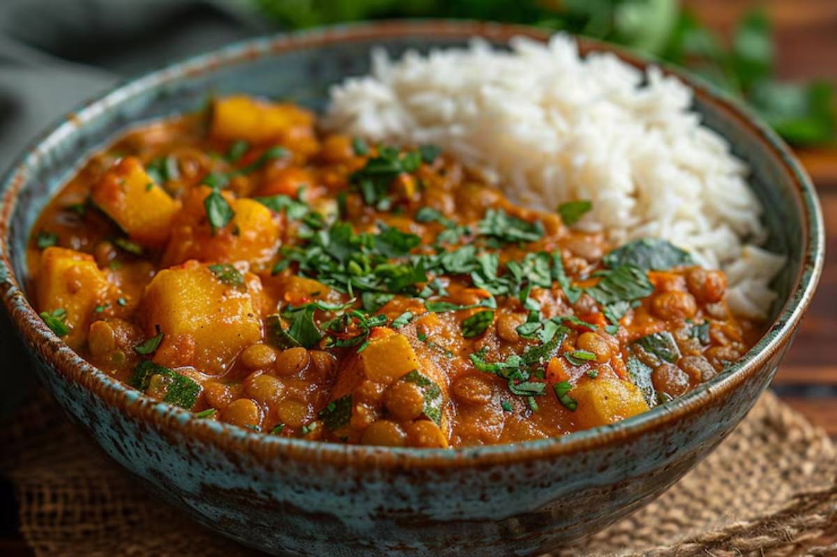 A vibrant bowl of lentil curry with diced vegetables, topped with fresh herbs, served alongside fluffy white rice.
