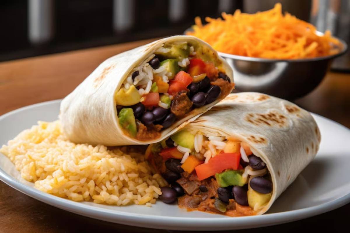 A plate with two burritos filled with black beans, rice, vegetables, and avocado, served alongside a mound of yellow rice and shredded cheese.