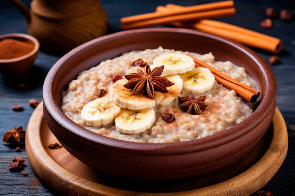 A bowl of oatmeal topped with banana slices, star anise, and cinnamon sticks, set on a wooden table.