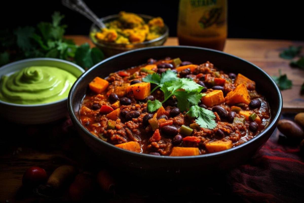 A bowl of hearty chili with sweet potatoes, black beans, and colorful peppers, garnished with cilantro, alongside avocado cream and a condiment.