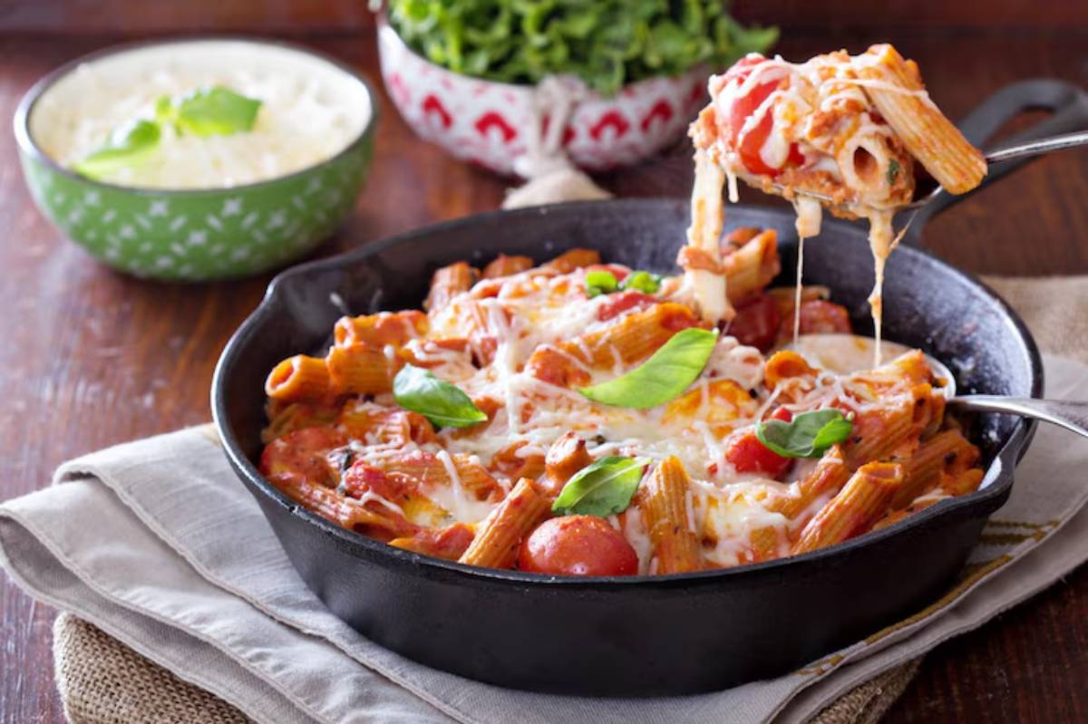 A cast iron skillet filled with cheesy baked pasta, topped with fresh basil leaves, served alongside a bowl of creamy sauce.