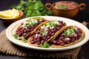 Three soft tacos filled with red beans, diced onions, and cilantro, served with lime wedges and a bowl of salsa in the background.