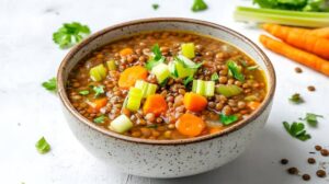 A bowl of lentil soup with carrots, celery, and fresh herbs, surrounded by fresh carrots and cilantro on a white background.