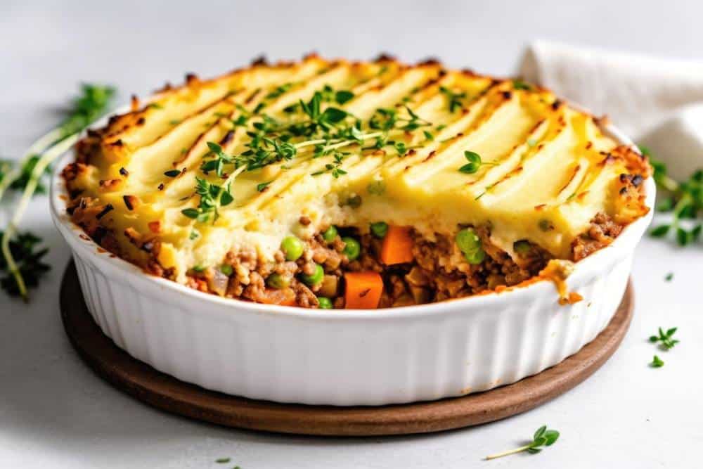 A hearty shepherd's pie with a golden, creamy mashed potato topping and minced meat filling, garnished with fresh herbs.