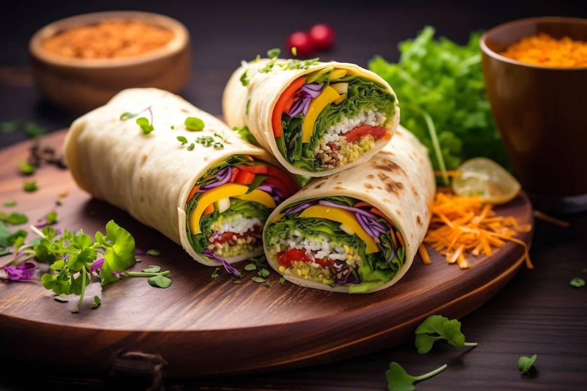 Three colorful veggie wraps filled with lettuce, peppers, and cheese, garnished with herbs, on a wooden platter.